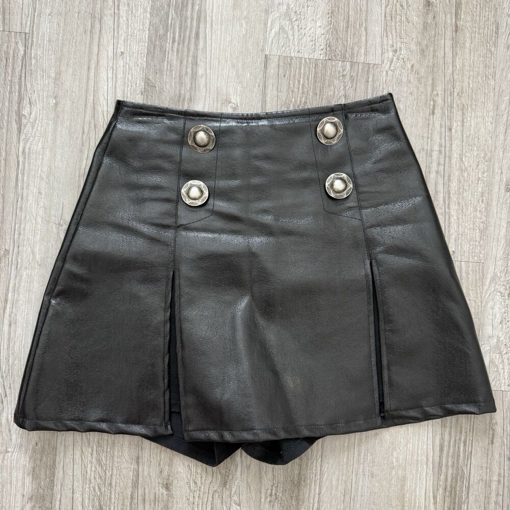 VTG Denum Jeans Y2K Black Glossy Denim Skort A-Line Mini Shorts Made in USA 12